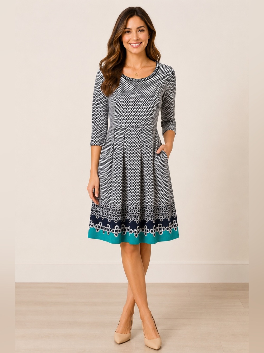 Max Studio Geometric Print Fit & Flare Dress Size Small Navy Teal 3/4 Sleeve